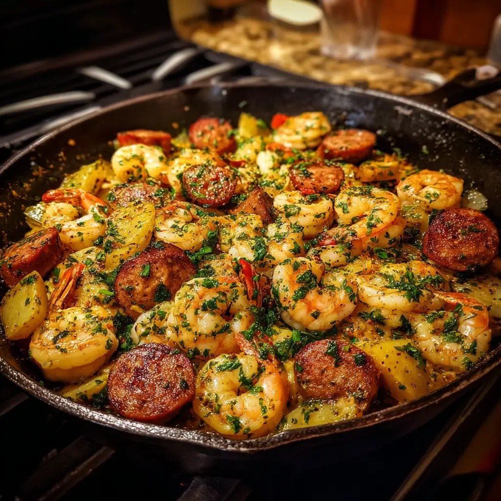 Easy Keto Shrimp and Sausage Skillet 1 One-pan keto shrimp and sausage skillet with peppers and zucchini.