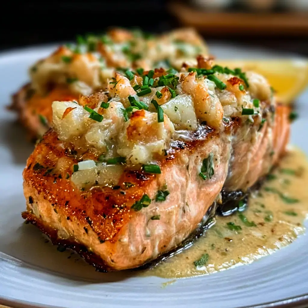 Elegant Crab Shrimp Stuffed Salmon 1 Baked salmon fillet stuffed with creamy crab and shrimp filling, garnished with lemon.