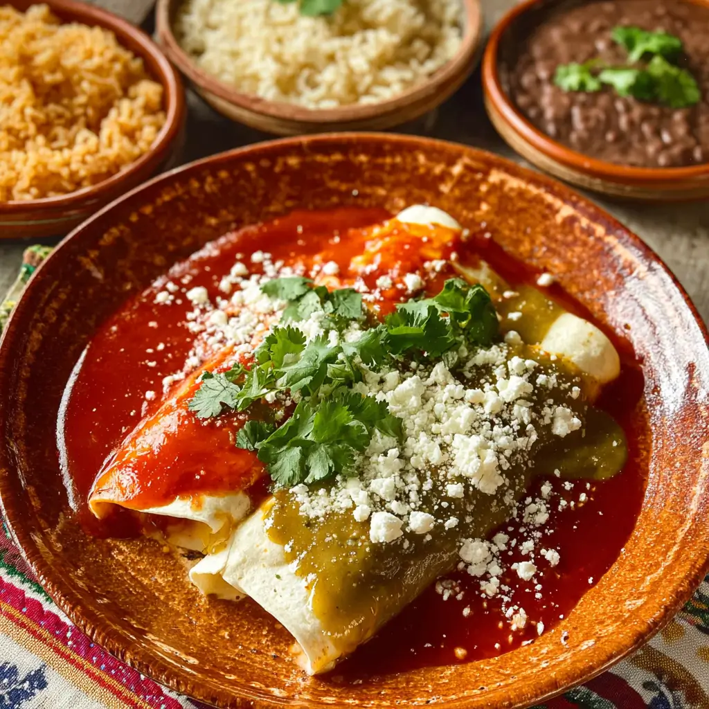 Plate of enchiladas divorciadas with red and green sauce, topped with crema and cheese.