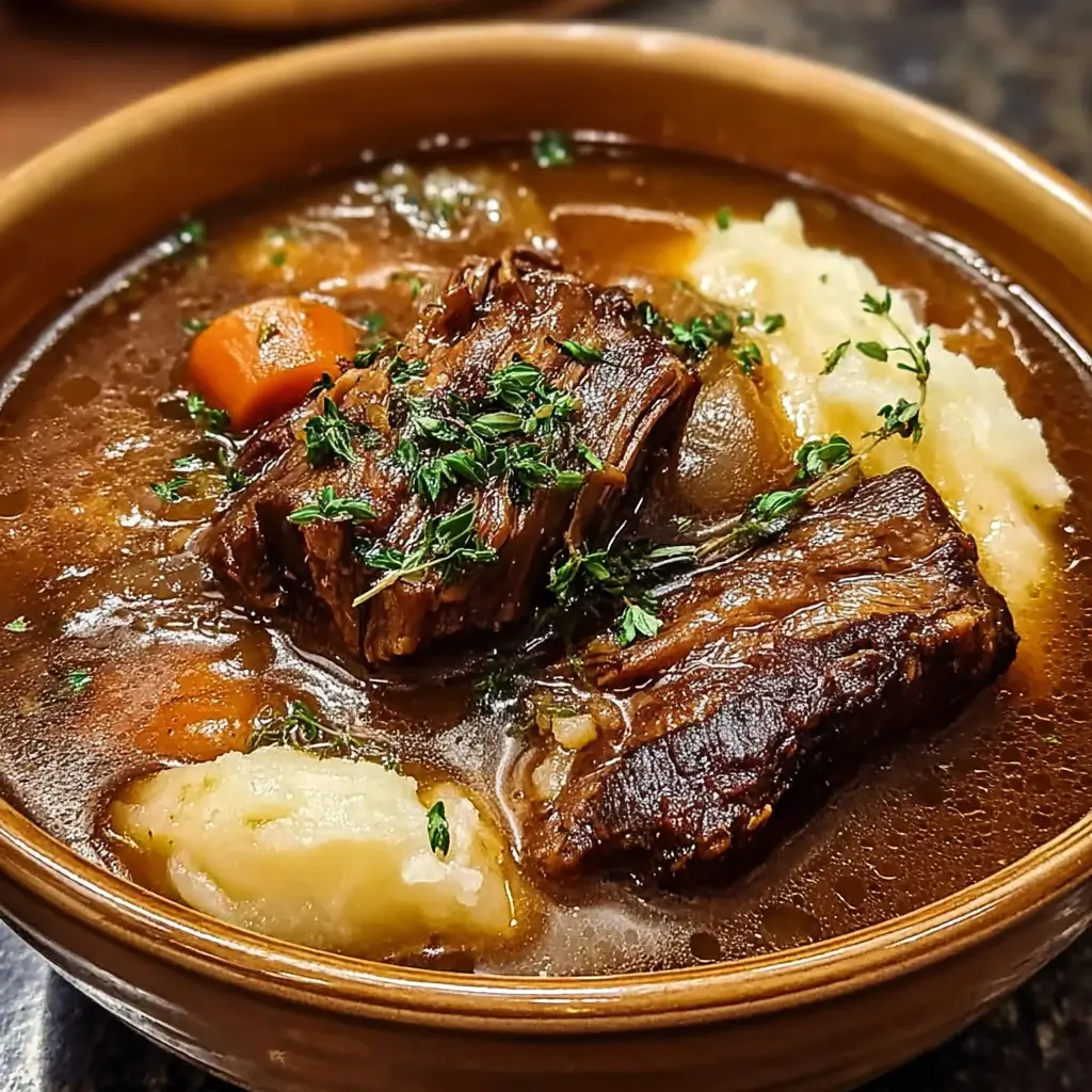 Hearty French Onion Beef Short Rib Soup topped with melted Gruyère and toasted bread.