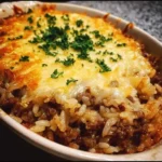 Baked French Onion Ground Beef and Rice Casserole with melted cheese.