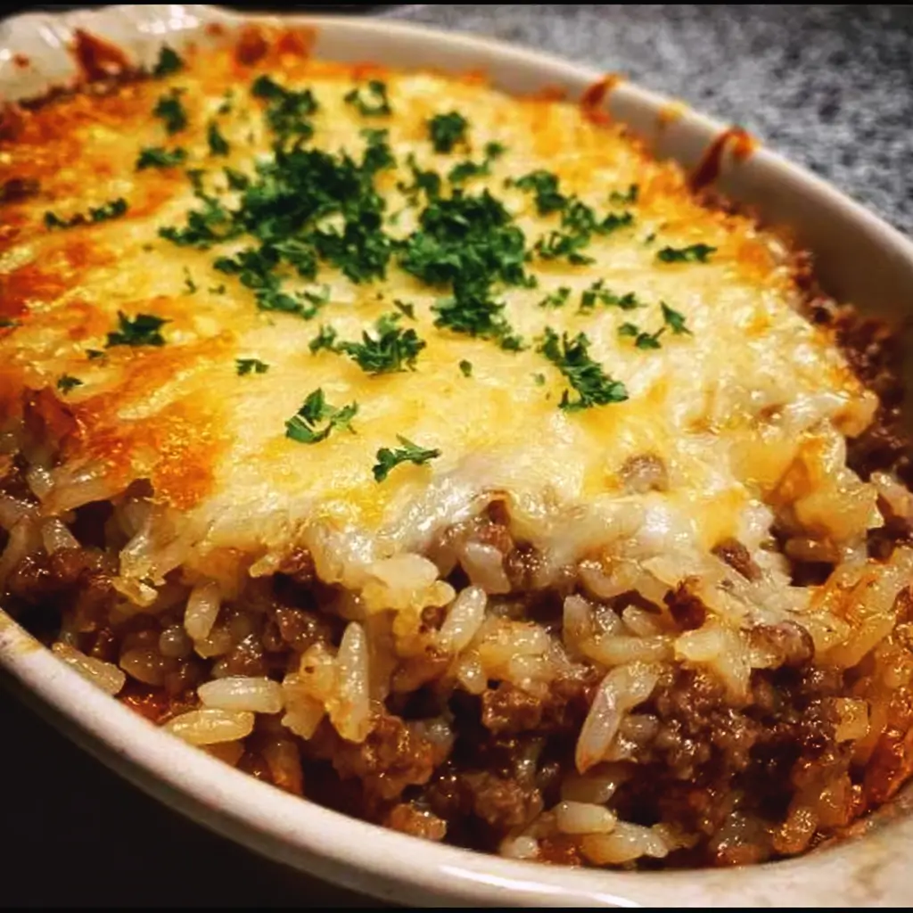 French Onion Ground Beef and Rice Casserole 1 Baked French Onion Ground Beef and Rice Casserole with melted cheese.