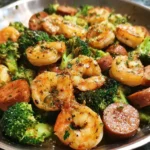 Garlic butter shrimp sausage and broccoli served in a rustic skillet.