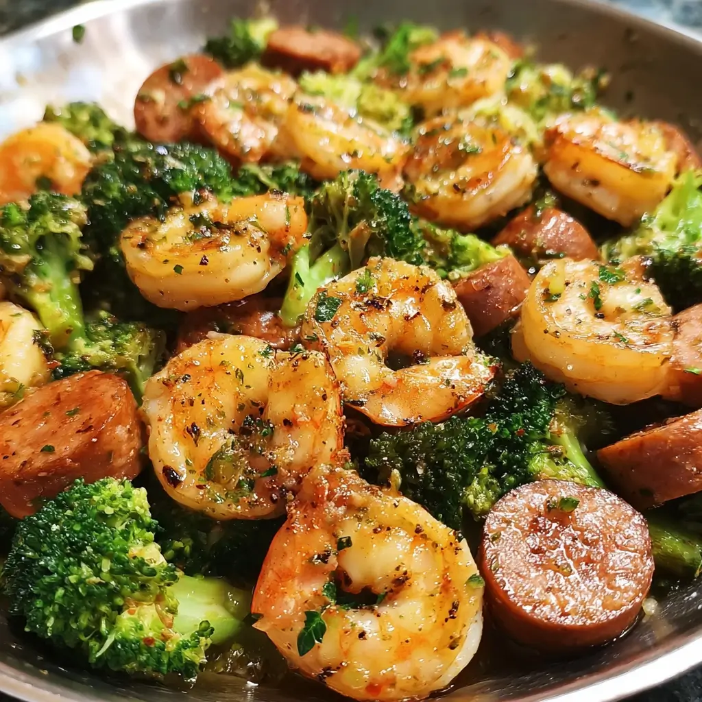 Garlic Butter Shrimp Sausage and Broccoli Recipe 1 Garlic butter shrimp sausage and broccoli served in a rustic skillet.
