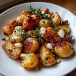 Crispy garlic roasted potatoes sprinkled with herbs on a rustic tray