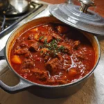 Bowl of German goulash with tender beef, onions, and paprika sauce, topped with sour cream.