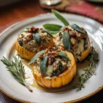 Ground turkey and brown butter sage stuffed pumpkins on a rustic table.