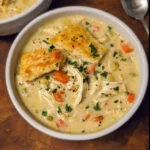 Bowl of creamy high protein chicken pot pie soup with vegetables.