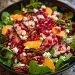 Fresh and colorful holiday salad with greens, pomegranate, apples, and feta.