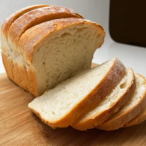 Golden homemade white bread loaf sliced on a wooden board.