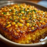 Golden honey-glazed corn casserole drizzled with honey in a rustic baking dish.