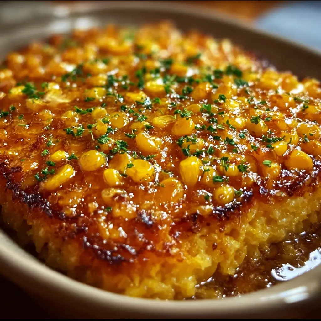 Golden honey-glazed corn casserole drizzled with honey in a rustic baking dish.