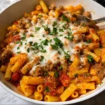 Creamy Italian sausage pasta topped with fresh basil and Parmesan.