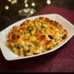 Leftover turkey casserole with creamy sauce and golden cheese topping.