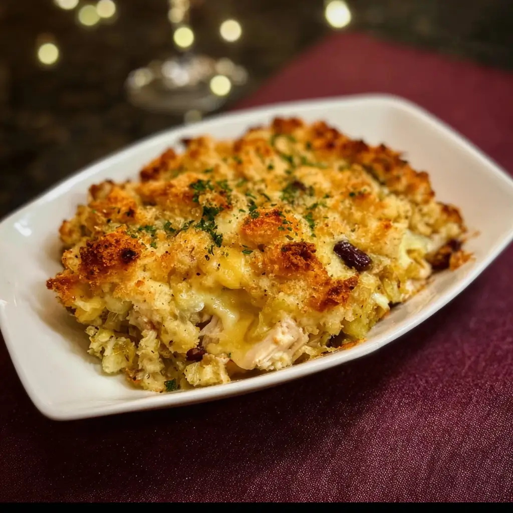 Leftover Holiday Turkey Casserole 1 Leftover turkey casserole with creamy sauce and golden cheese topping.