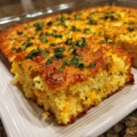 Loaded cornbread casserole with cheese, bacon, and green onions.