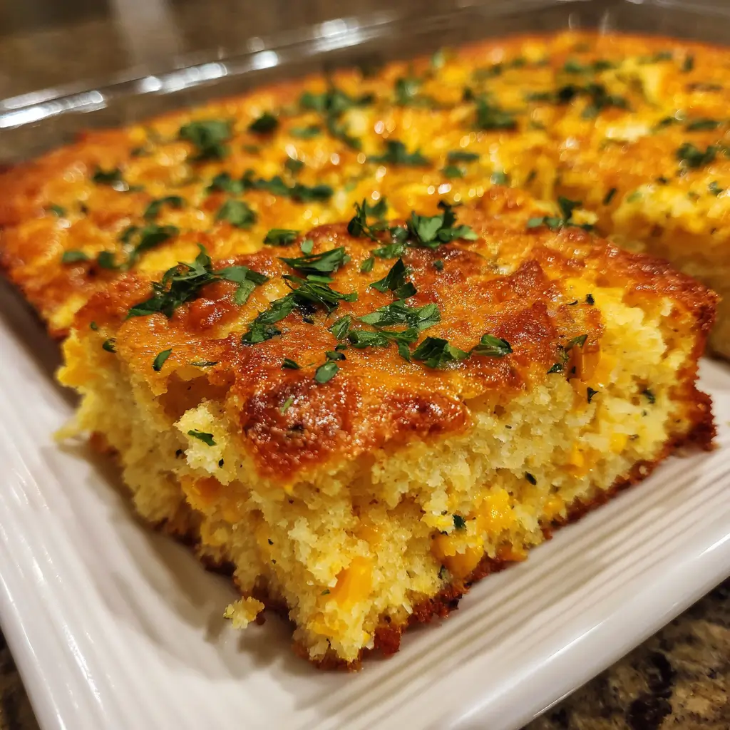 Loaded cornbread casserole with cheese, bacon, and green onions.
