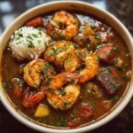 Bowl of Louisiana seafood gumbo with shrimp, crab, and rice.