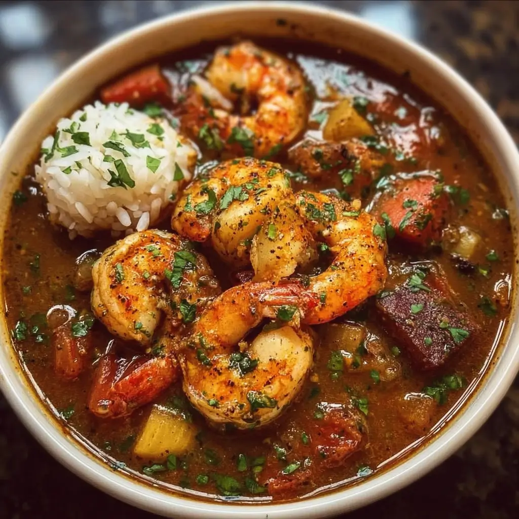 Bowl of Louisiana seafood gumbo with shrimp, crab, and rice.
