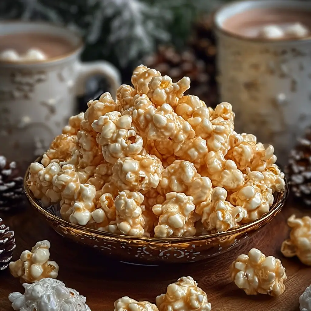 Bowl of marshmallow caramel corn with gooey clusters spilling onto a table.