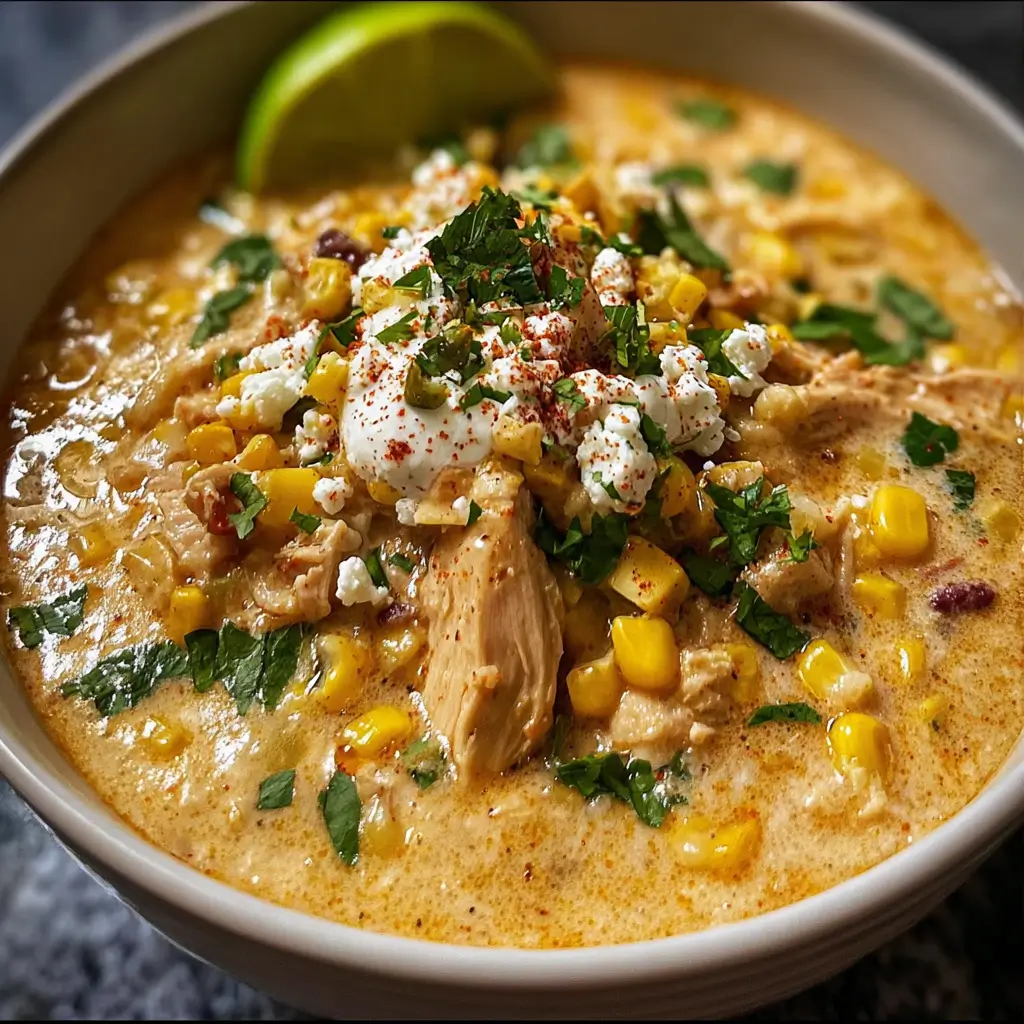 Mexican Street Corn White Chicken Chili Recipe 1 Bowl of creamy Mexican Street Corn White Chicken Chili topped with roasted corn and cilantro.