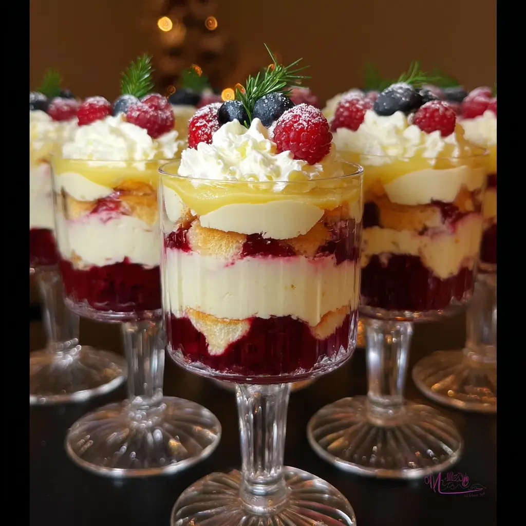 Mini Christmas Trifles Recipe 1 Festive mini Christmas trifles layered with cake, berries, and whipped cream.