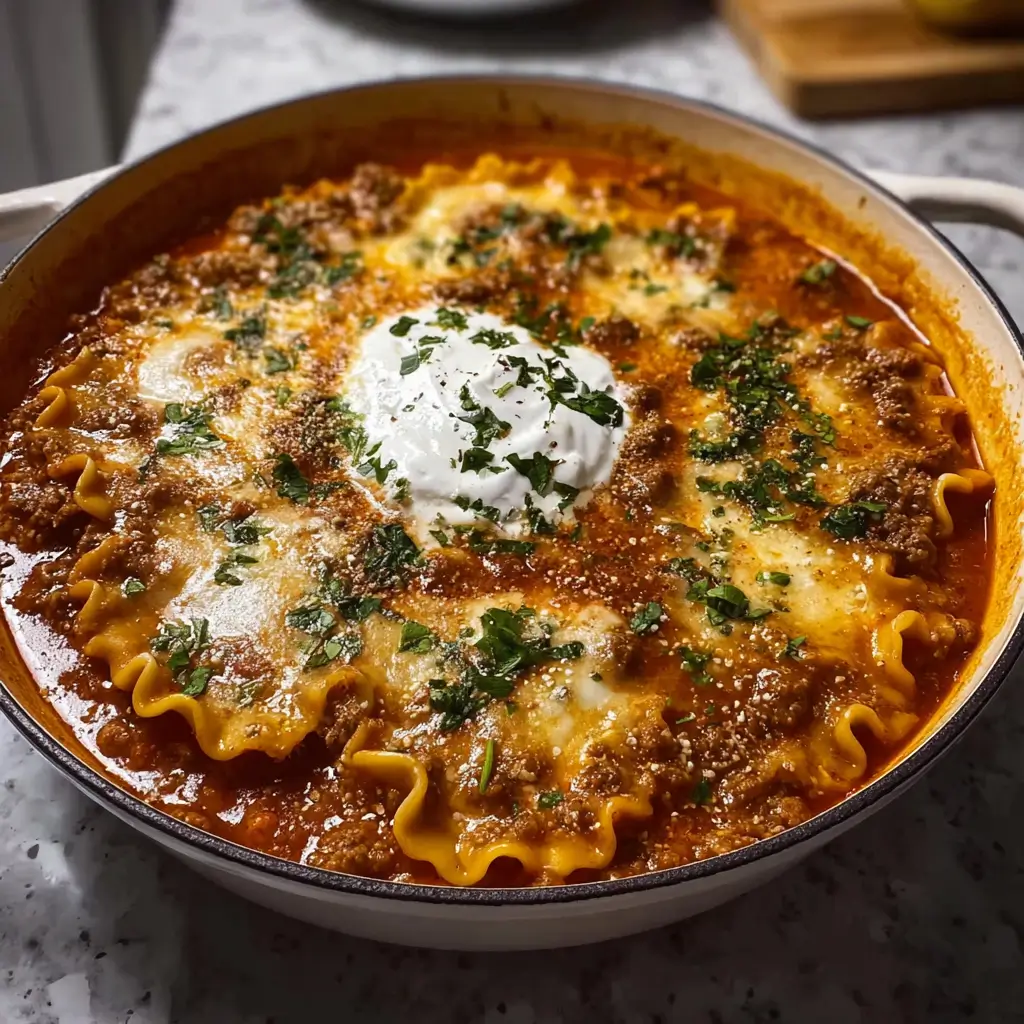 Mouthwatering One Pot Lasagna Soup 1 A bowl of one-pot lasagna soup topped with ricotta and basil.