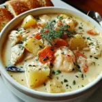 Creamy Nova Scotia seafood chowder with shrimp, fish, and scallops.