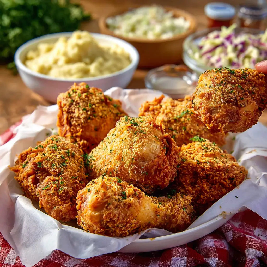 Crispy oven fried chicken inspired by KFC on a serving platter with classic sides.
