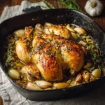 Golden oven-roasted French garlic chicken with herbs and lemon in a rustic roasting pan.