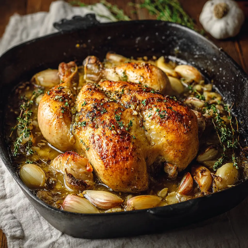 Golden oven-roasted French garlic chicken with herbs and lemon in a rustic roasting pan.