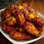 Sweet and spicy pineapple cowboy candy chicken wings on a platter.