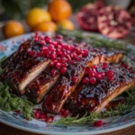 Pomegranate-glazed Christmas ribs with festive garnish.