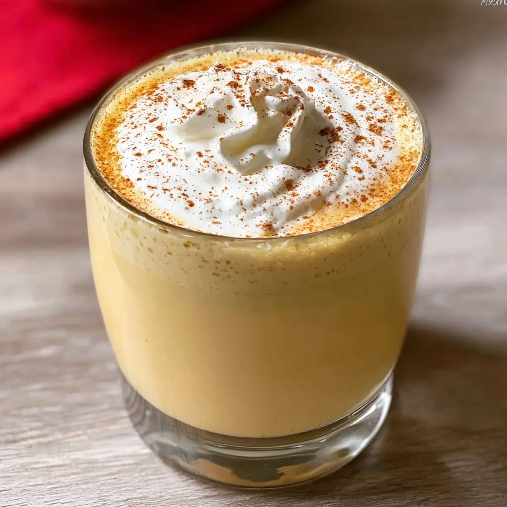 Pumpkin Spice Eggnog Recipe 1 Creamy pumpkin spice eggnog in a glass mug topped with whipped cream and cinnamon.