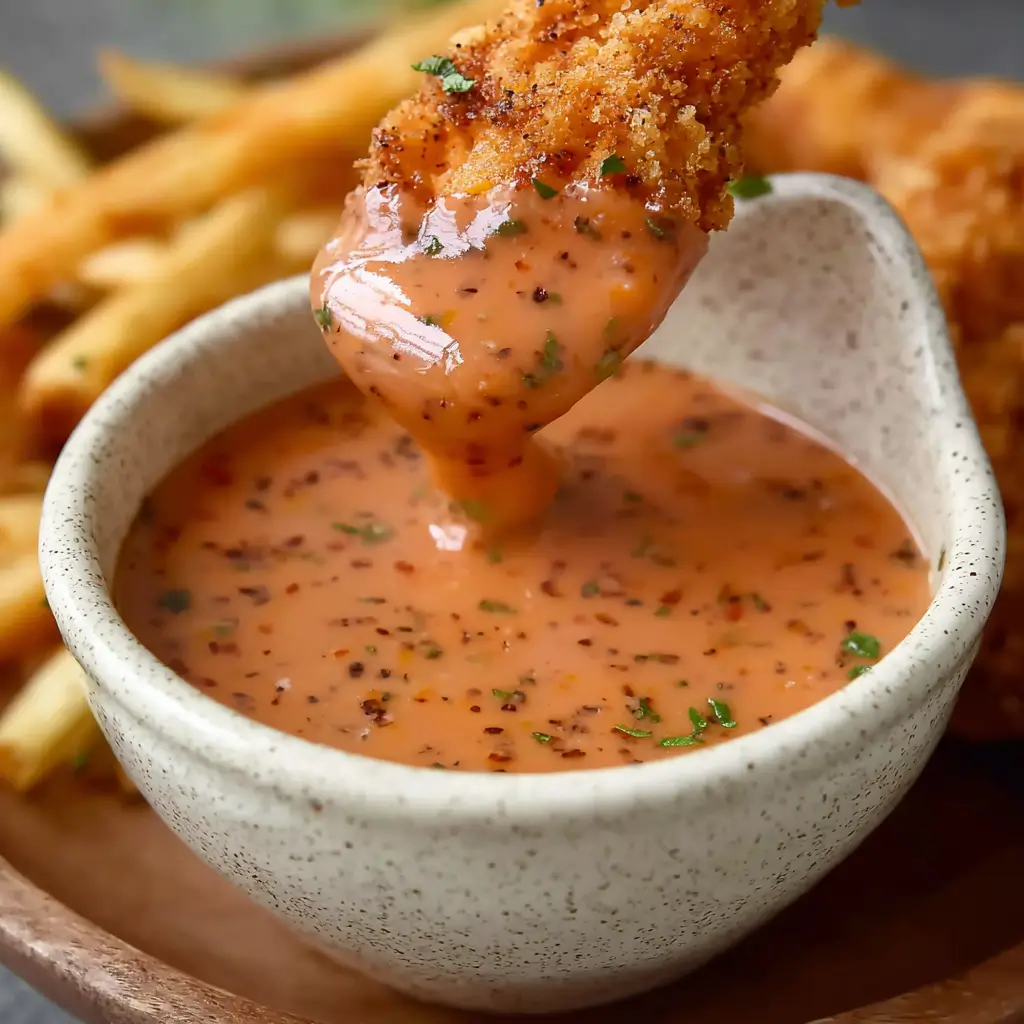 Homemade Raising Cane’s copycat sauce served with chicken tenders and fries.