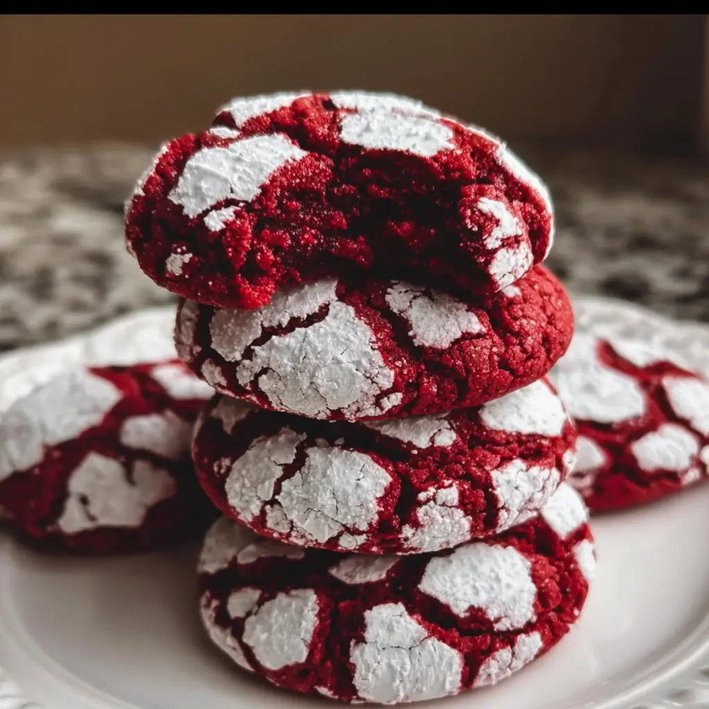 Festive red velvet crinkle cookies dusted with powdered sugar.