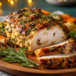 Juicy roasted turkey breast with golden skin and roasted vegetables.