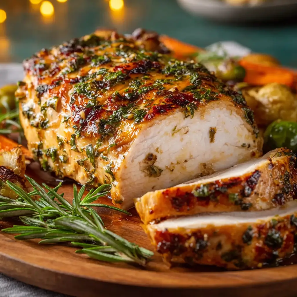 Juicy roasted turkey breast with golden skin and roasted vegetables.