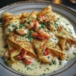 Savory seafood crêpes topped with creamy béchamel sauce on a rustic plate.