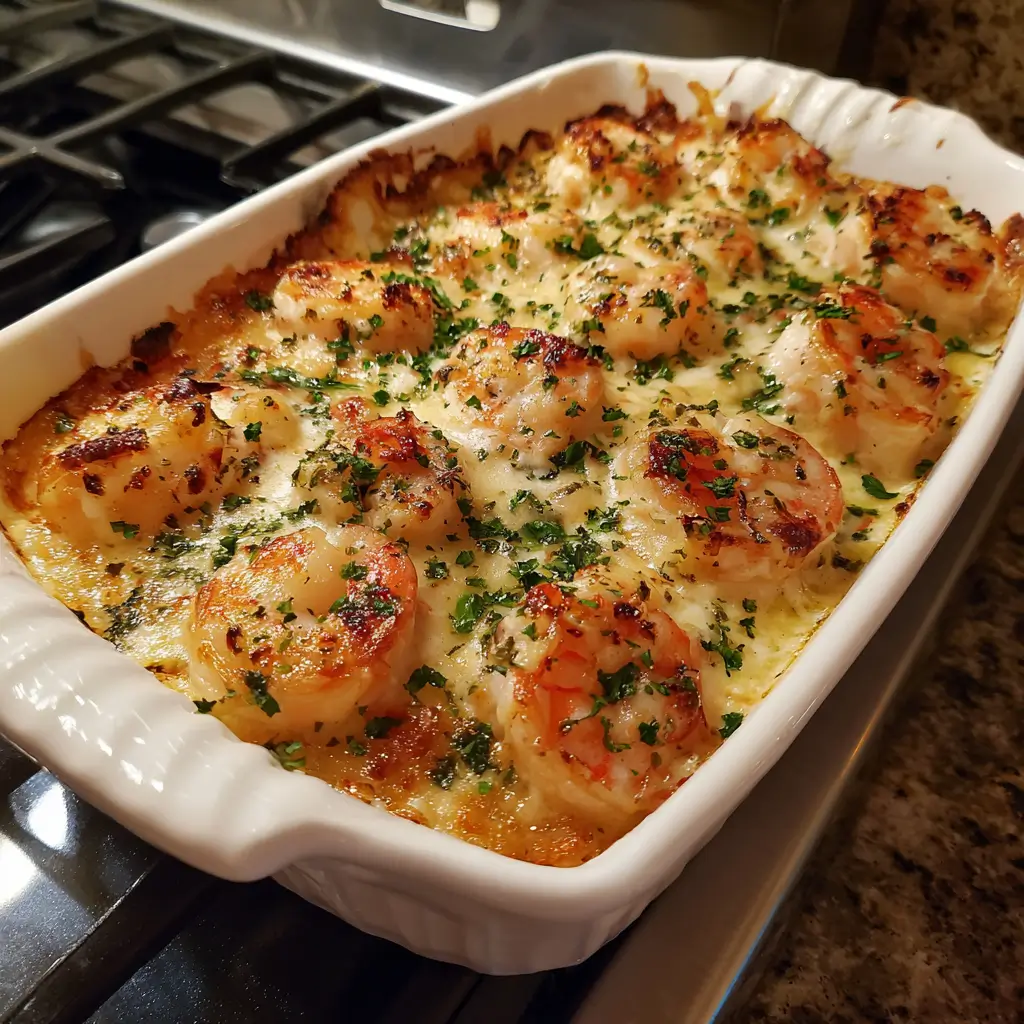 Shrimp Scampi Bake 1 Cheesy shrimp scampi pasta bake garnished with parsley and lemon slices.
