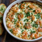 Golden baked shrimp scampi pasta with melted cheese and parsley.