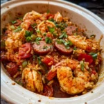 Slow cooker jambalaya with shrimp, chicken, and sausage served in a rustic bowl.