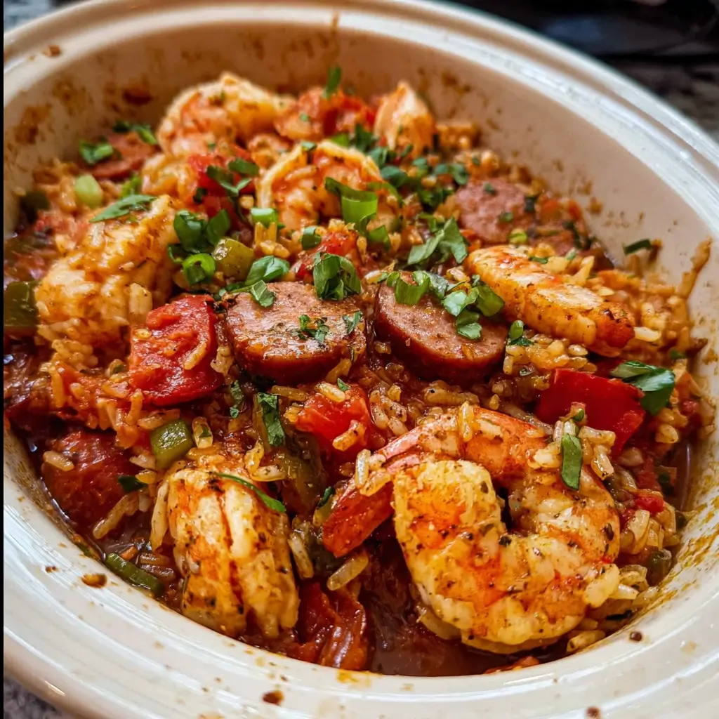 Slow Cooker Jambalaya 1 Slow cooker jambalaya with shrimp, chicken, and sausage served in a rustic bowl.
