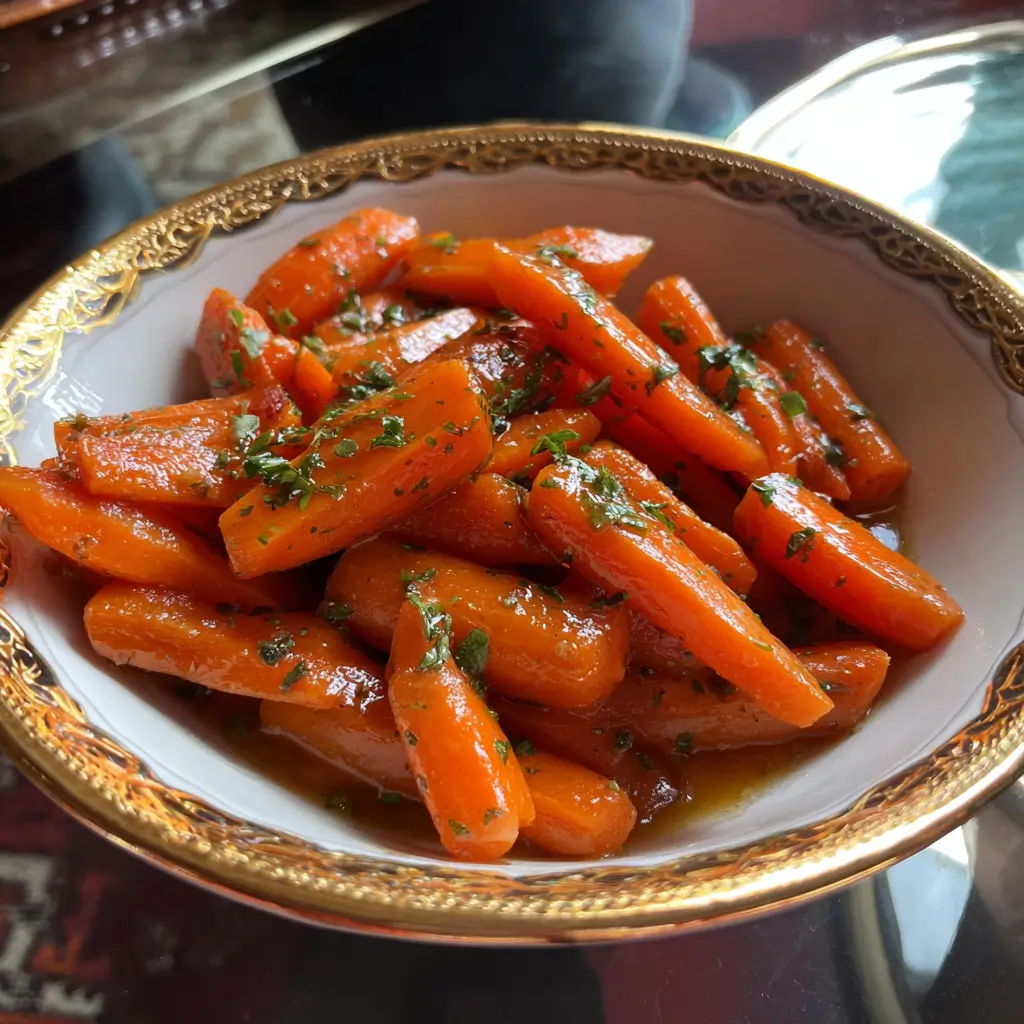 Slow cooker maple and brown sugar glazed carrots in a cozy rustic dish.