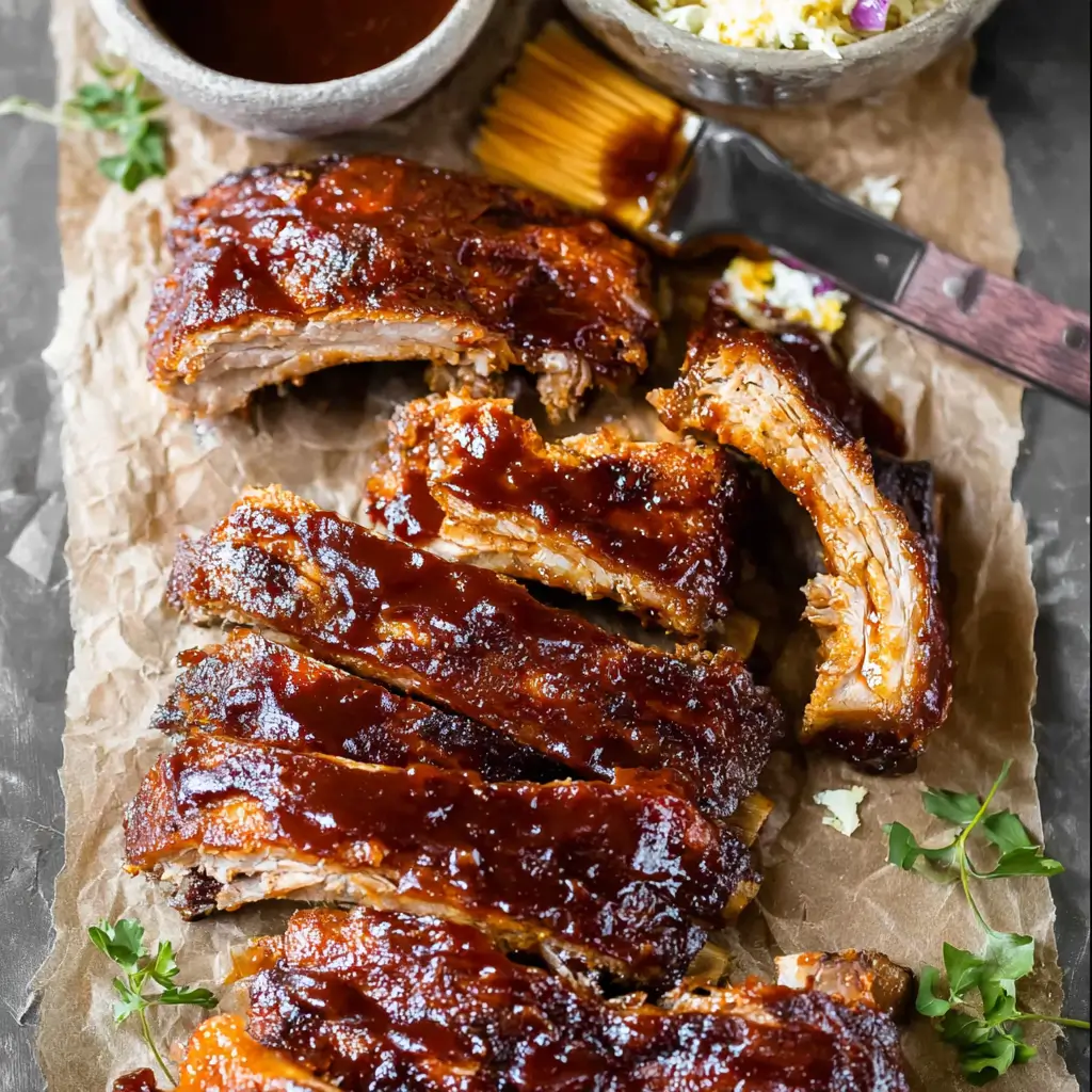 Tender slow cooker ribs glazed with barbecue sauce on a rustic platter.