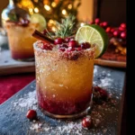 Festive spiced Christmas margarita with cranberries and rosemary garnish.