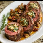 Sliced stuffed beef tenderloin with spinach and mushroom filling.