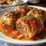 Classic stuffed cabbage rolls covered in tomato sauce and herbs.