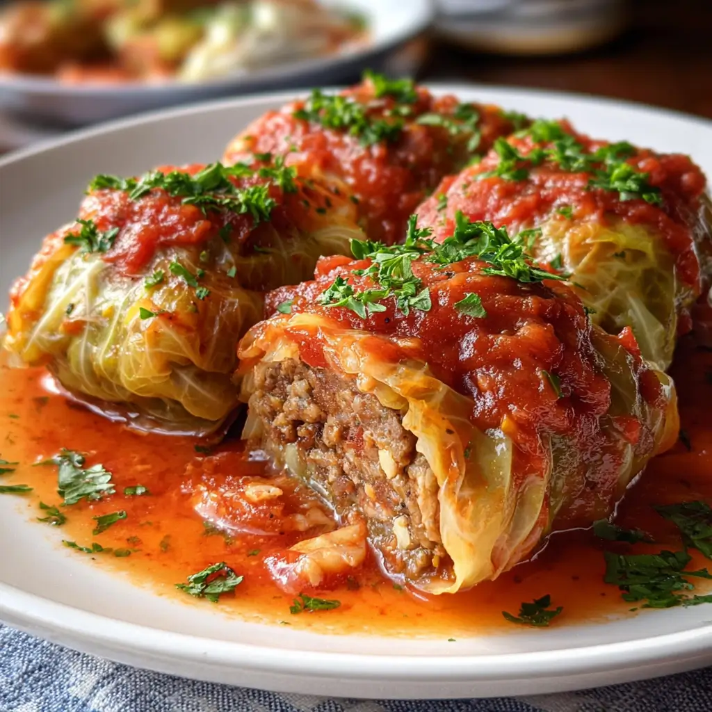 Classic Stuffed Cabbage Rolls 1 Classic stuffed cabbage rolls covered in tomato sauce and herbs.