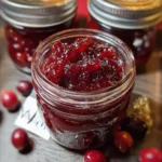 Homemade sweet Christmas cranberry jam in a jar with festive decorations.